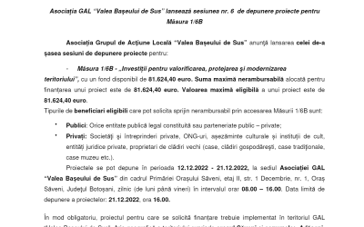 Asociația GAL „Valea Bașeului de Sus” lanseaza sesiunea nr. 6 de depunere proiecte pentru Măsura 1/6B