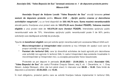 Asociația GAL „Valea Bașeului de Sus” anunță prelungirea termenului de depunere proiecte în cadrul sesiunii nr. 5 pentru Măsura 1/6B
